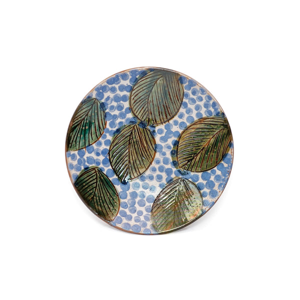 GREEN LEAVES BLUE DESSERT PLATE - pottery